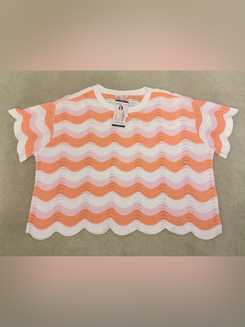 Women’s Wave Stripe Short Sleeve crochet Top - White, orange & Pink